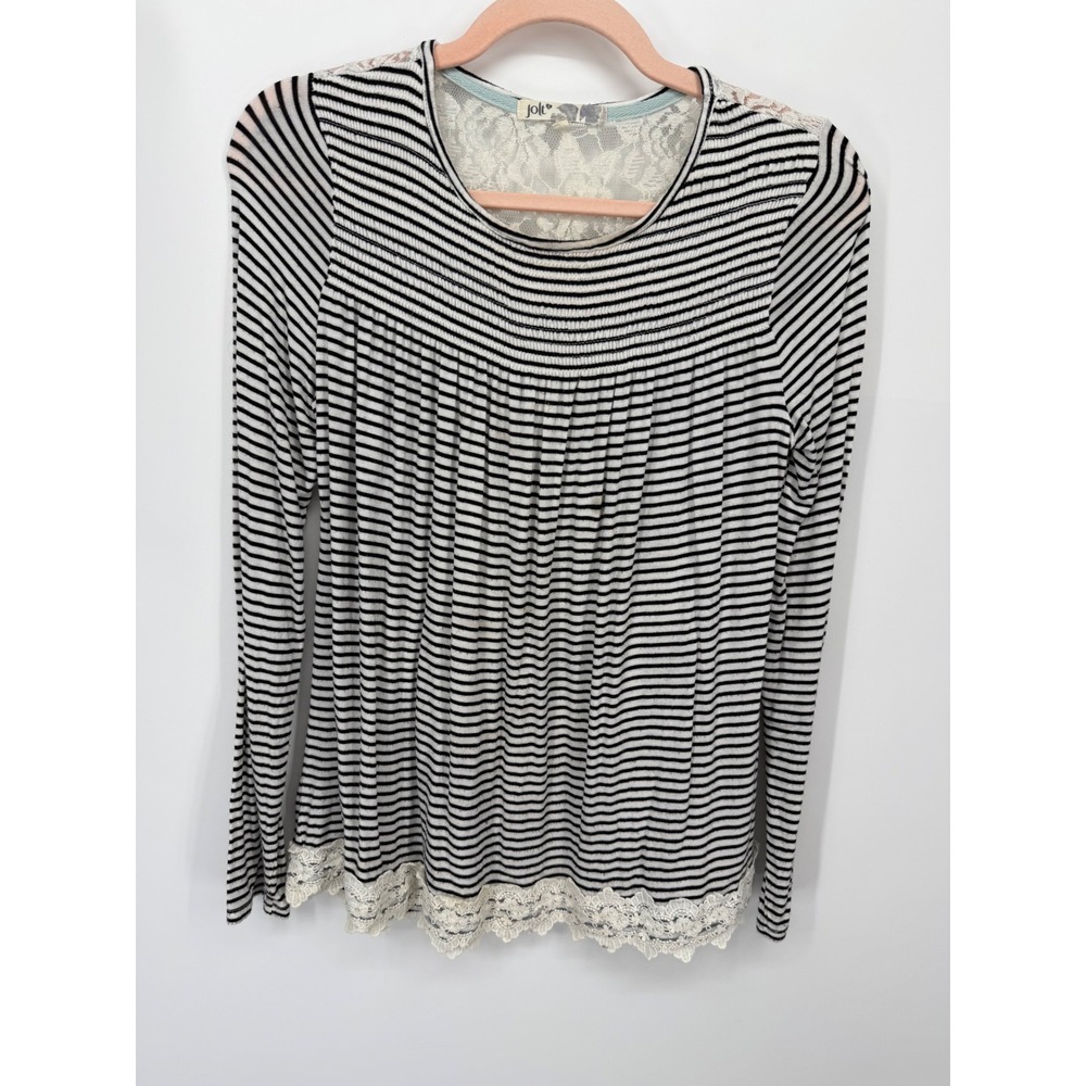 Jolt Long Sleeve Top Women Small Black White Striped Lace Trim Smocked boho